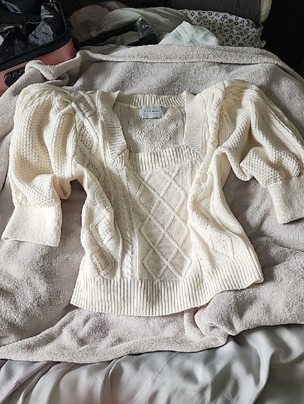 Unique Square Neck Cream Cable-Knit Puff Sleeve Sweater